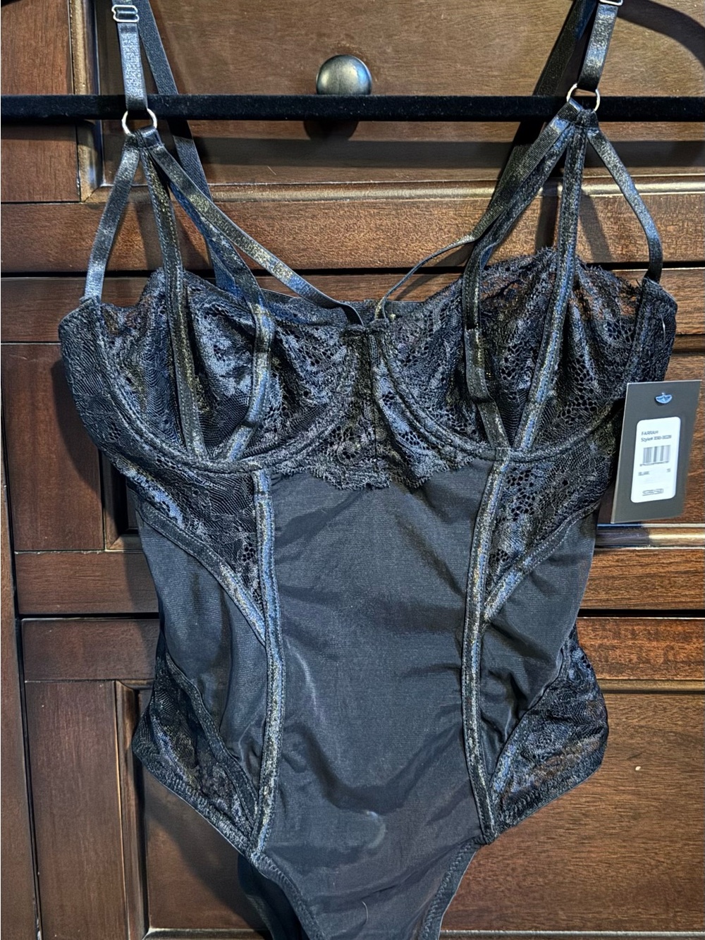 Frederick's of Hollywood Black Lace Underwire Strappy Bodysuit